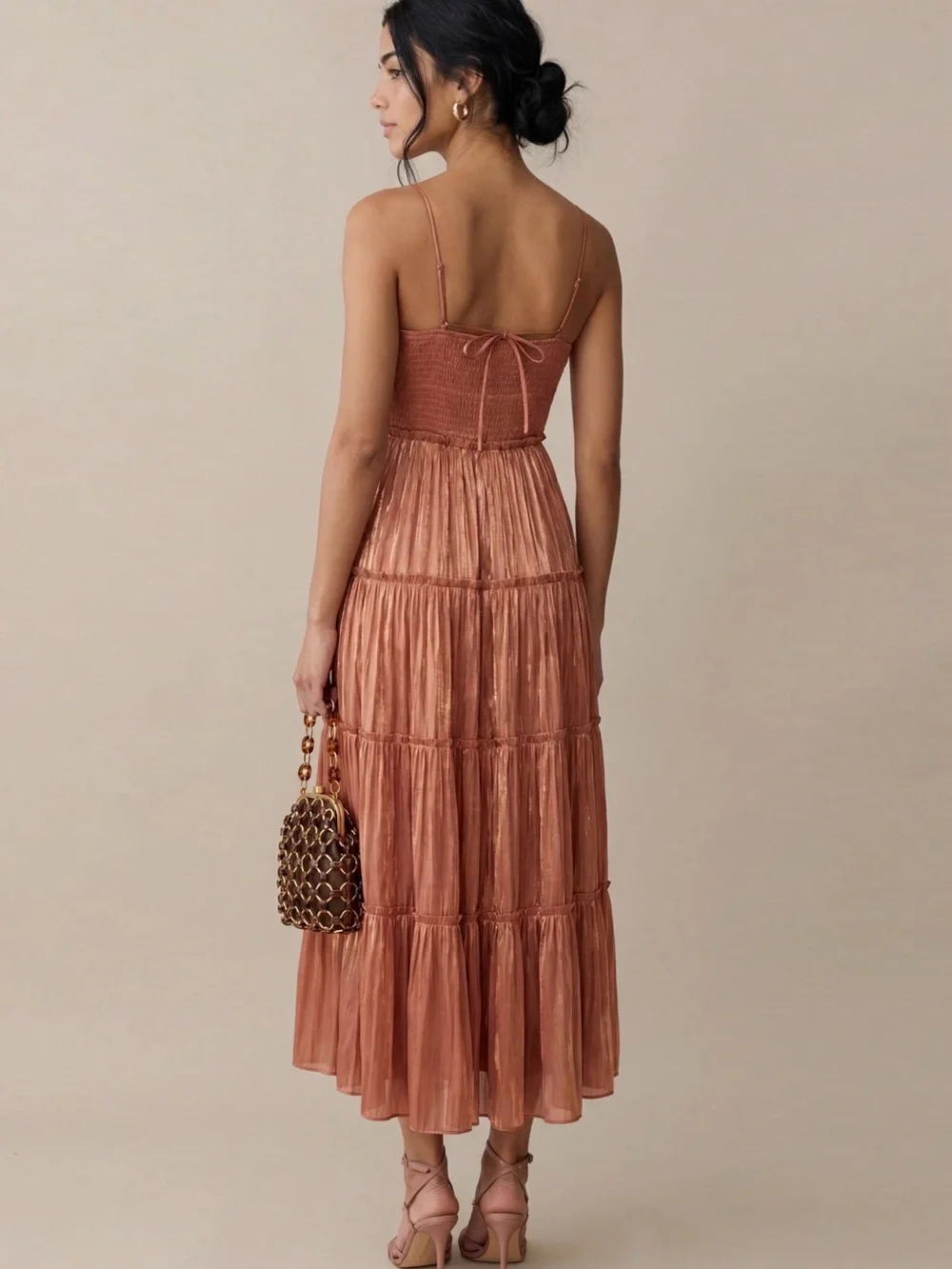 Few Moda o.p.t NWT East Copper Cowboy Metallic Tiered Spaghetti-Strap Midi Dress - Picture 2 of 10